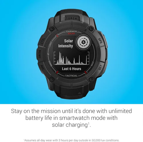 Vista 3 de Garmin Instinct 2X Solar - Edición táctica, reloj inteligente GPS resistente, linterna incorporada, calculadora balística, capacidad de carga solar