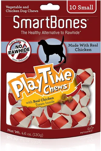 SmartBones PlayTime - Masticables para perros sin cuero crudo, golosinas para perros hechas con pollo real, 10 unidades pequeñas