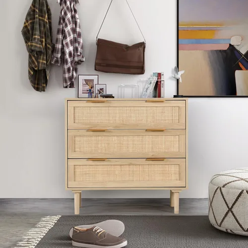 Vista 8 de HOPUBUY Cómoda de 3 cajones para dormitorio, cómoda moderna de ratán, cómoda de armario de madera de roble con 3 cajones para dormitorio, pasillo