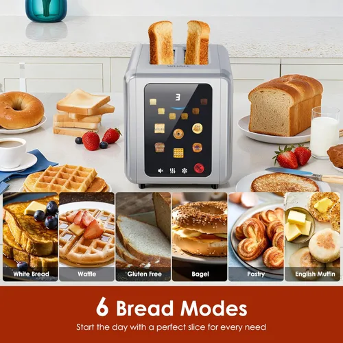 Vista 4 de WHALL Full Touch Screen Toaster 2 Slice, 1.5'' Wide Slot Stainless Steel Toaster with Digital Timer, 6 Bread Types & 6 Shade Settings, Crumb Tray