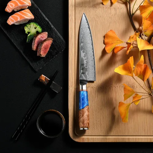 Vista 2 de Cuchillo de Chef Japonés, Cuchillo de Cocina Damasco de 8 Pulgadas con Acero VG10, Cuchillo Afilado Hecho a Mano con Mango Ergonómico, Cuchillos