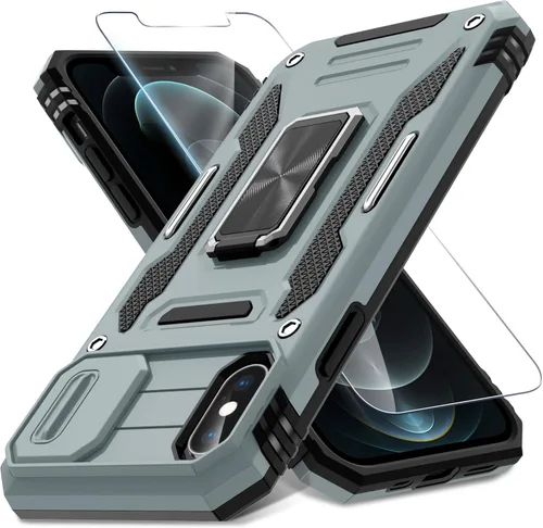 Vista 60 de DEERLAMN Funda para iPhone Xs Max con funda deslizante para cámara + protector de pantalla, soporte giratorio de anillo de grado militar a prueba