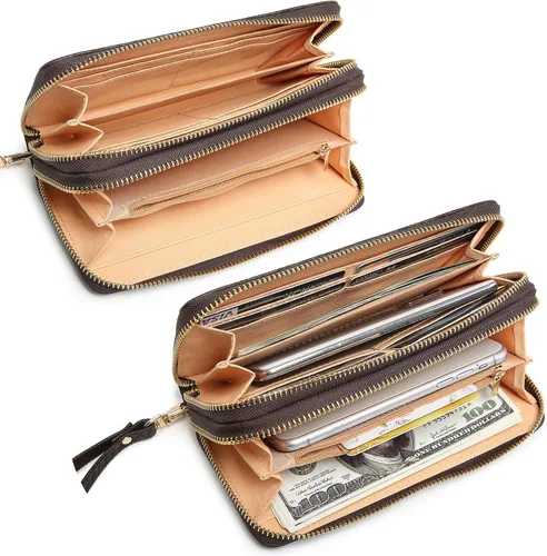 Vista 2 de MKP COLLECTION Cartera de moda con doble cremallera alrededor de la cartera de mezclilla para mujer, bolso largo para tarjetas de crédito, correa