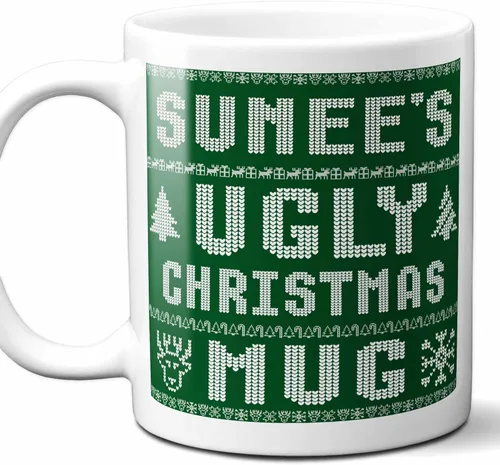 Sunee Name Christmas Gift. Personalized Ugly Christmas Sweater Coffee Mug. Funny Custom Xmas Gift, Stocking Stuffer For Friends, Coworkers And
