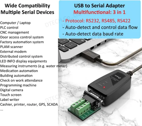 Vista 3 de DTech Adaptador USB a serie RS422 RS485 R232 a cable USB (interfaz 3 en 1) soporta CC 5V con placa de ruptura luces LED para dispositivos de control