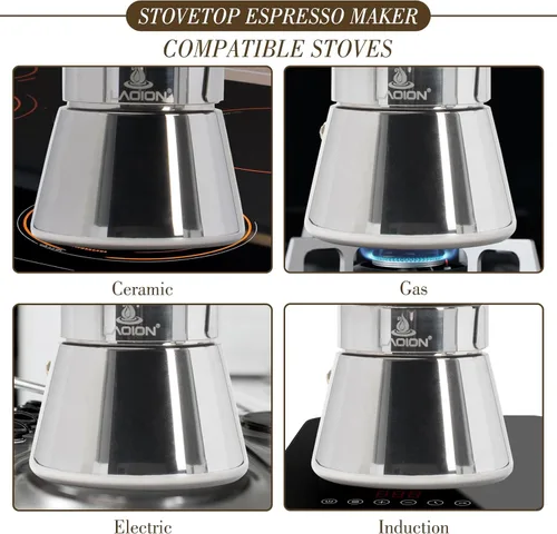 Vista 4 de LAOION Cafetera de café expreso, 3 tazas de 5.4 fl oz, cafetera de cristal y acero inoxidable, cafetera moca, cafetera Greca de Café, cafetera