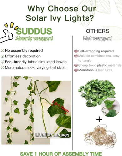 Vista 4 de suddus Guirnalda de luces solares de hiedra para exteriores, impermeable, 33 pies, 100 LED enredaderas falsas con luces, luz artificial de hadas