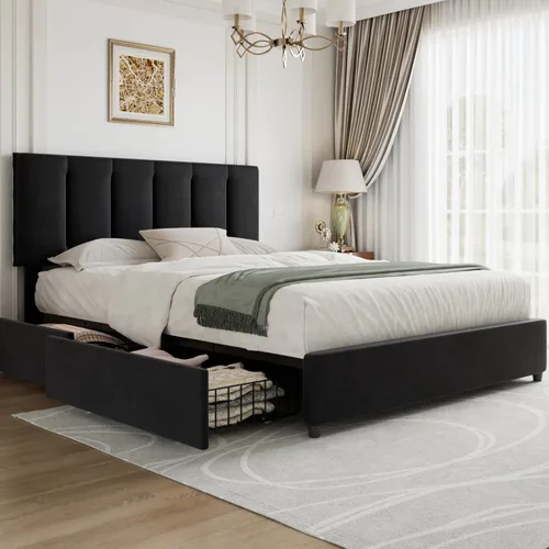 Vista 44 de VECELO Base de cama de tamaño individual con cajón de almacenamiento, base de cama de plataforma resistente con cabecera y fuerte soporte de Negro
