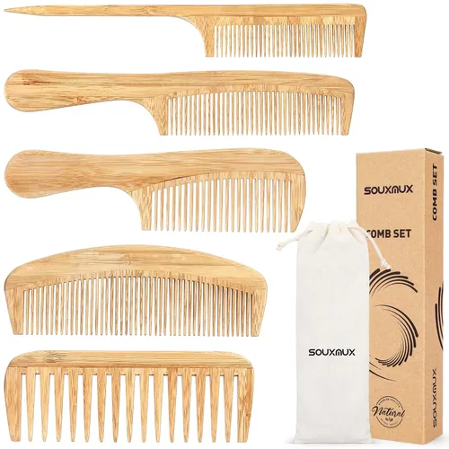 Juego de 5 peines antiestáticos de bambú naturales hechos a mano, dientes anchos, cola de rata y diente fino para desenredar cabello largo, corto,