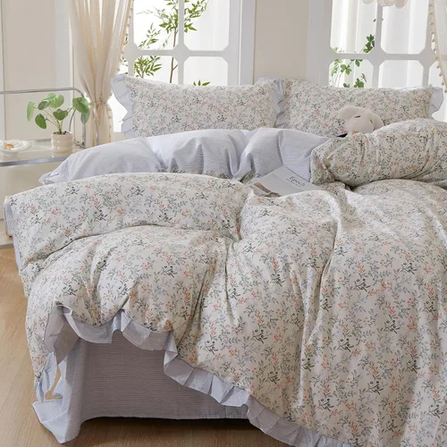 Vista 28 de Juego de funda de edredón blanca con estampado floral azul, juego de ropa de cama de algodón suave estilo bohemio, juego de ropa de cama estética