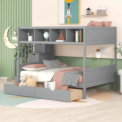 Vista 45 de Elegante litera individual sobre matrimonial con escaleras y barandillas de seguridad, la cama de plumón se puede convertir en sofá cama