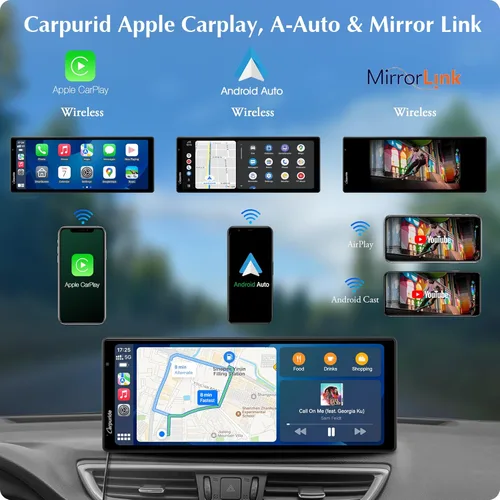 Vista 2 de Carpuride Carplay inalámbrico portátil 4K W903 y Android Auto con cámara de salpicadero, pantalla HD IPS de 9.3 pulgadas, cámara frontal 4K