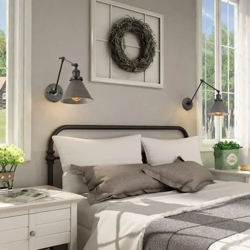 Vista 2 de LNC Lámpara de pared con brazo oscilante, moderna lámpara de pared enchufable, ajustable, estilo granja, plata envejecida cepillada (paquete de 2)