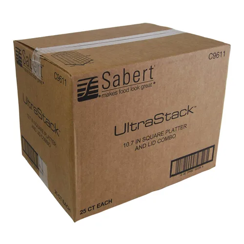 Vista 4 de Sabert Bandeja cuadrada UltraStack negra de 10.7 pulgadas con tapa transparente de cúpula de 3 pulgadas, plástico duradero, desechable, 25