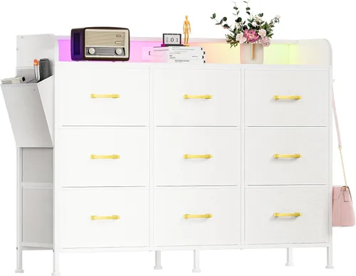 Vista 40 de Cómoda para dormitorio, soporte de TV con tomas de corriente y luz LED, cómoda de 6 cajones con bolsillos laterales y ganchos, cómoda ancha