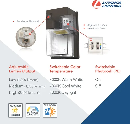 Vista 3 de Lithonia Lighting Lámpara de Pared LED Mini de 7", Luminaria de Luz Exterior, CCT Seleccionable de 3 Vías 3000K/4000K/5000K, Lúmenes Ajustables