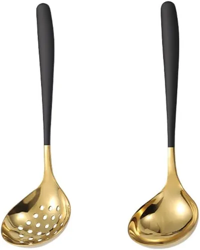 Colador de sopa de oro negro Colador de cuchara ranurada Skimmer Colador Salsa Servidor de salsa Servidor de acero inoxidable