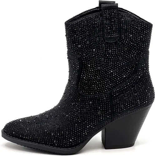 Vista 6 de Botines cortos hasta la rodilla con tacón de bloque de diamantes de imitación para mujer