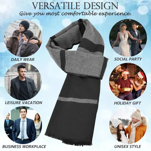 Vista 6 de EINSKEY Bufanda de invierno para hombre, paquete de 2 bufandas de mezcla de lana con borlas de contraste a rayas suaves y largas bufandas de moda