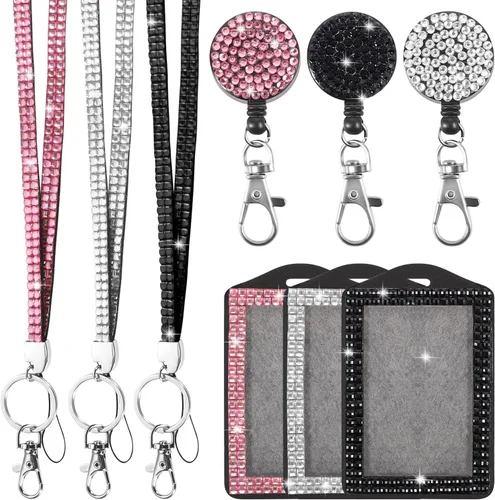 9 en 3 juegos de 3 colores mejorados, cordón con diamantes de imitación para insignias de identificación para mujeres, bonitos cordones brillantes