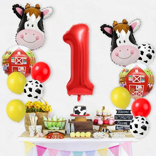 Vista 3 de Globos de vaca para decoración de fiesta de cumpleaños de animales de granja, suministros de globos de granero con globo grande número 1