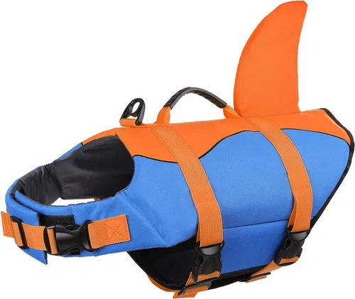 Vista 36 de Queenmore - Chaleco salvavidas para perros pequeños, medianos, grandes, estilo pescado, chaleco flotante con mango de goma suave ajustable, M