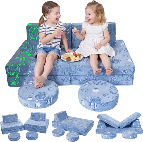 Vista 11 de Sofá modular para niños MeMoreCool – Sofá de dinosaurio de 8 piezas que brilla en la oscuridad para niños pequeños convertible en fuerte constructor