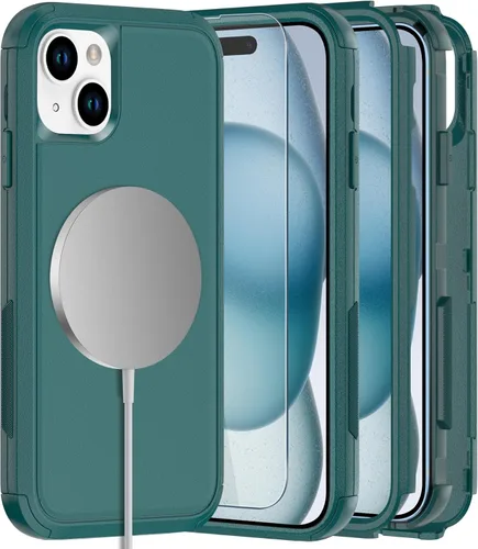 Vista 30 de Diverbox Funda para iPhone 15 [a prueba de golpes] [a prueba de caídas] [protector de pantalla de vidrio templado], funda de protección resistente