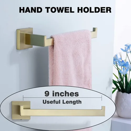Vista 4 de TRUSTMI Juego de accesorios de baño de oro cepillado, juego de 5 piezas de barra de toalla de acero inoxidable de forma cuadrada, 23.6 pulgadas