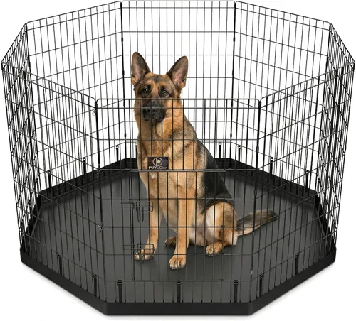 Vista 14 de PJYuCien Corralito para perros con cubierta superior y almohadilla inferior, bolígrafo de ejercicio plegable de metal, 8 paneles de 24 pulgadas