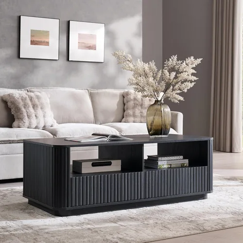 ACCOHOHO 51" Fluted Coffee Table with Storage, Large Modern Center Table with 2 Drawers, Rectangle Wood Coffee Table for Living Room, Black Oak