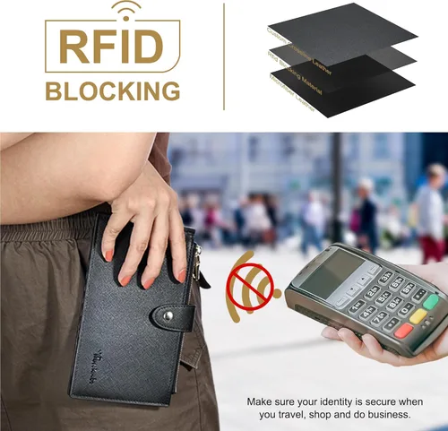 Vista 4 de Travelambo Billetera para mujer con bloqueo RFID plegable para múltiples tarjetas con bolsillo con cremallera, Negro -, Minimalista