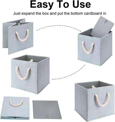 Vista 5 de i BKGOO Contenedores plegables de almacenamiento de tela de bambú gris, plegable, resistente, con asa de cuerda de algodón, para oficina en casa