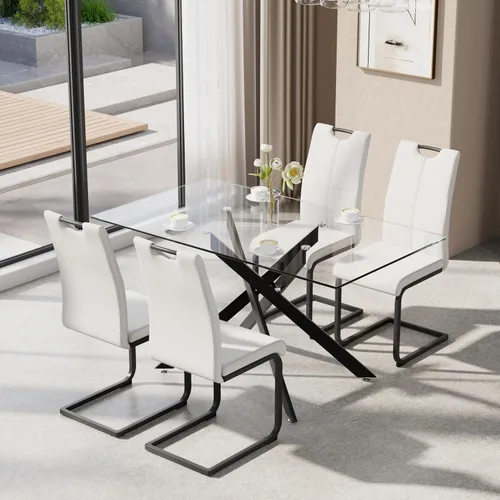 Vista 16 de Juego de mesa de comedor de 5 piezas para 4, mesa rectangular moderna de cristal con 4 sillas tapizadas de cuero, juegos de mesa y sillas de comedor