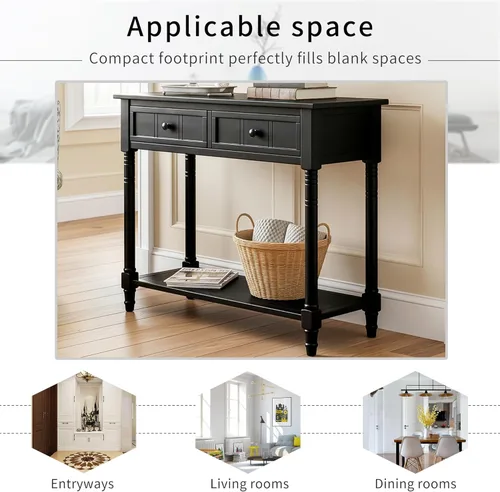 Vista 27 de P PURLOVE Mesa consola de madera con 2 cajones y estante inferior para dormitorio (azul marino)