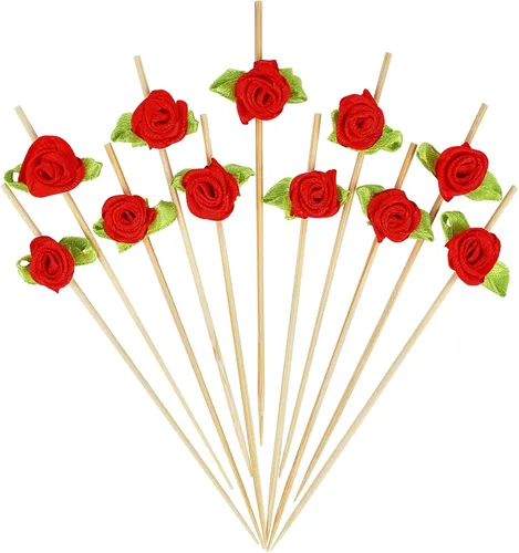 Vista 11 de Minisland Palillos de cóctel de flores de rosa rosa, palillos de bambú de 4.7 pulgadas de largo para aperitivos, decoración de despedida de soltera