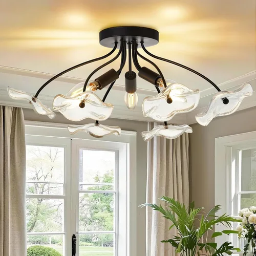 Luvkczc Lámpara de techo semiempotrada, moderna lámpara de techo de cristal, iluminación negra vintage para cocina, entrada, pasillo, baño,