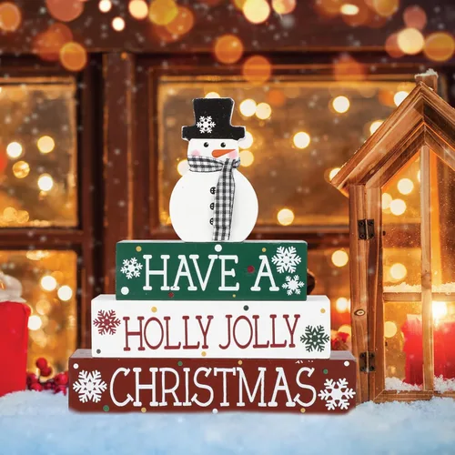 Vista 7 de 4 piezas de decoración de Navidad para interiores, letrero de muñeco de nieve de madera para mesa, centros de mesa, bloque de mesa de Navidad