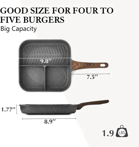 Vista 6 de Sensarte - Sartén antiadherente dividida para estufas, sartén versátil de 3 secciones para desayunos, parrilla cuadrada duradera, sartén para Gris