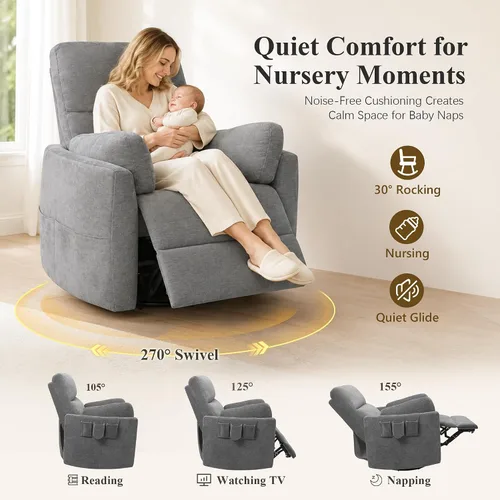 Vista 5 de Extra Wide Power Swivel Rocker Recliner Chair Nursery,Light Gray