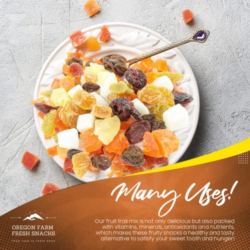 Vista 3 de Oregon Farm Fresh Snacks Mezcla de frutas secas – Mezcla de aperitivos con arándanos secos, coco, mango y pasas – Snacks saludables para adultos
