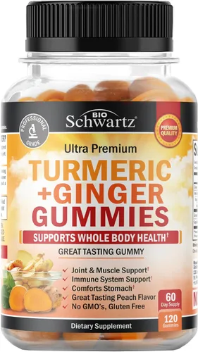 Curcumina de cúrcuma con gomitas de jengibre, suplemento natural extra fuerte de apoyo articular, delicioso sabor a melocotón, suplemento de cúrcuma