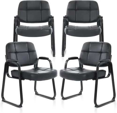 Vista 34 de CLATINA Silla de cuero para oficina, sala de espera, con base de trineo, silla de recepción sin ruedas con reposabrazos y soporte de madera, sillón