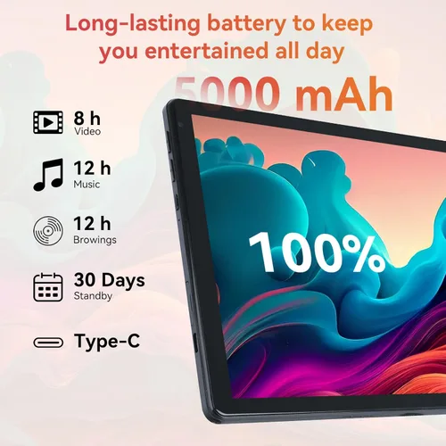 Vista 4 de Android 15 10.1" Tablet con procesador Octa-core 24GB RAM 128GB ROM HD IPS pantalla táctil 8H batería, Wi-Fi 6, BT 5.0, cámara dual, tabletas