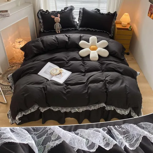 Vista 16 de MOOWOO Elegante juego de funda de edredón de poliéster y encaje con volantes, ropa de cama negra de lujo de alta calidad, funda de edredón de 2