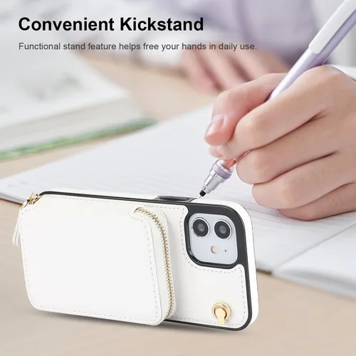 Vista 6 de Bocasal Funda tipo cartera cruzada para iPhone 12/12 Pro, funda de piel con bloqueo RFID y soporte para tarjetas, funda protectora con cremallera