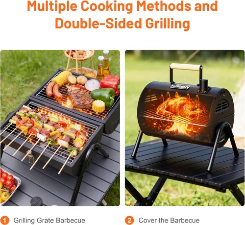 Vista 5 de Parrilla de carbón portátil con rejilla de calentamiento, mango de madera, parrilla de barbacoa de mesa para barbacoa al aire libre, camping