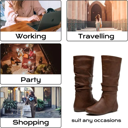 Vista 7 de katliu Botas holgadas de media pantorrilla, botas planas con cremallera para mujer