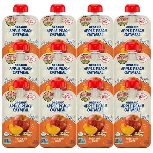 Earth's Best Bolsas orgánicas de alimentos para bebés, puré de frutas y granos para bebés de 6 meses en adelante, puré de manzana orgánica de