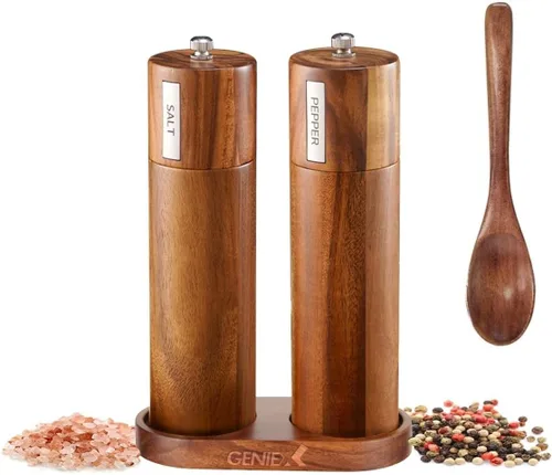 Vista 8 de KING - Molinillos de madera de sal y pimienta de acacia, juego de molinillo de sal y pimienta de madera, recargable y ajustable, molinillo manual